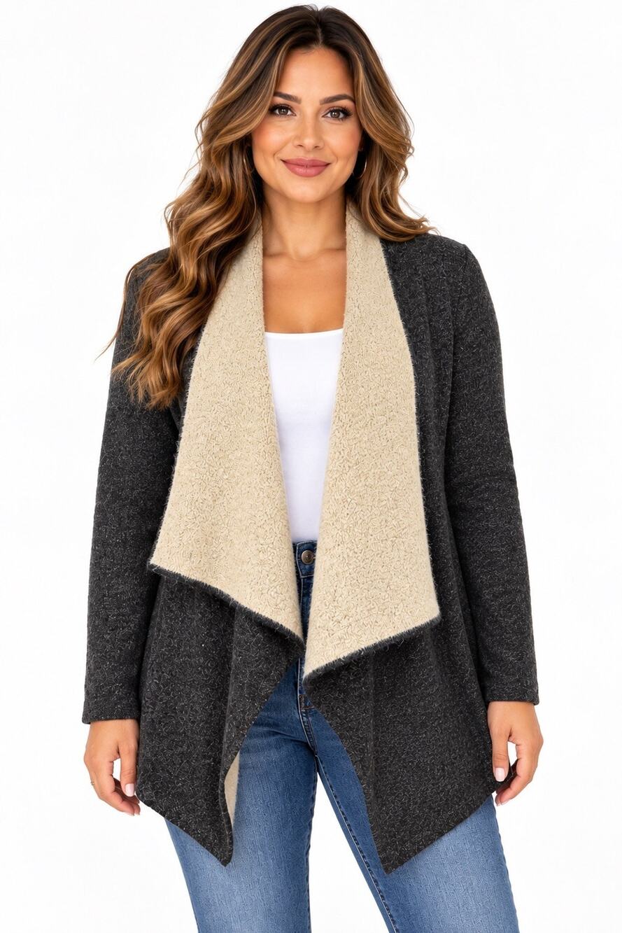 FOREVER 21 Womens M Gray Beige Colorblock Knit Open Front V-Neck Cardigan